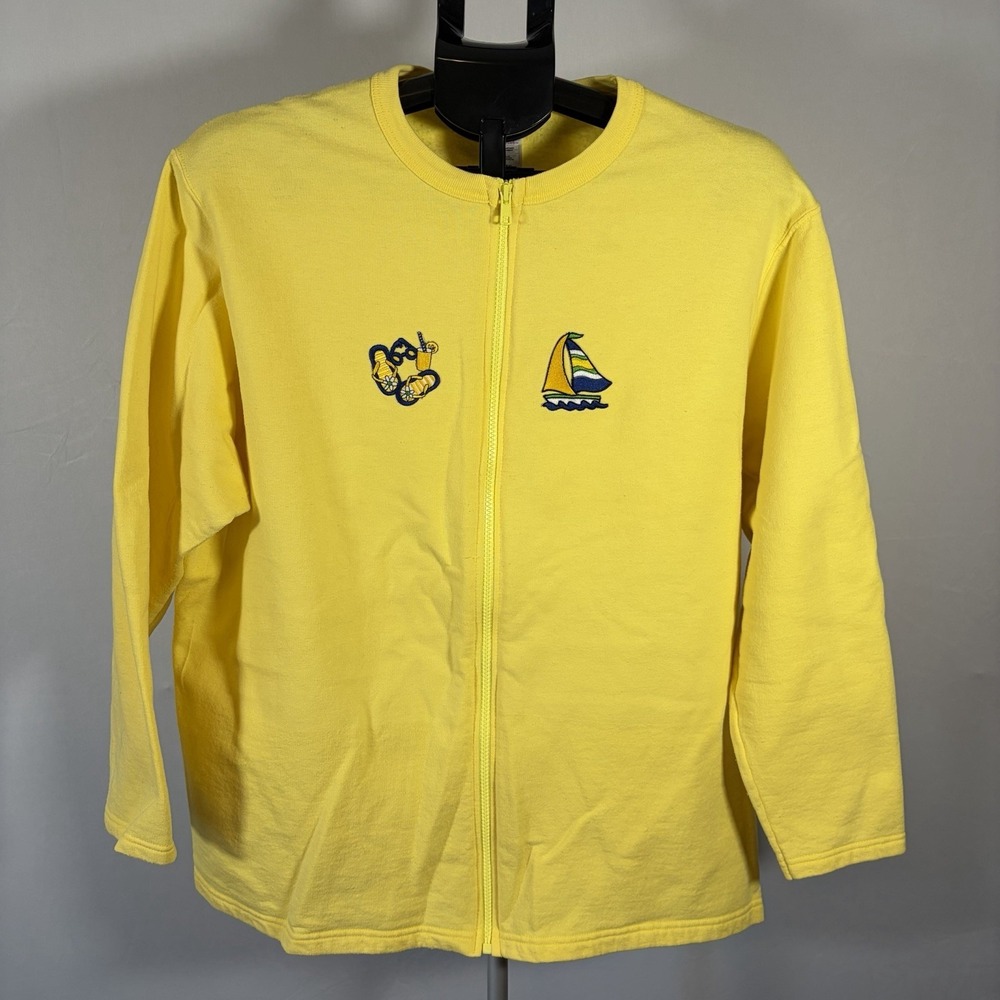 VTG XL Womens Yellow Sailboat Lemon Embroidered Summer Zip Cardigan Cottage 90s